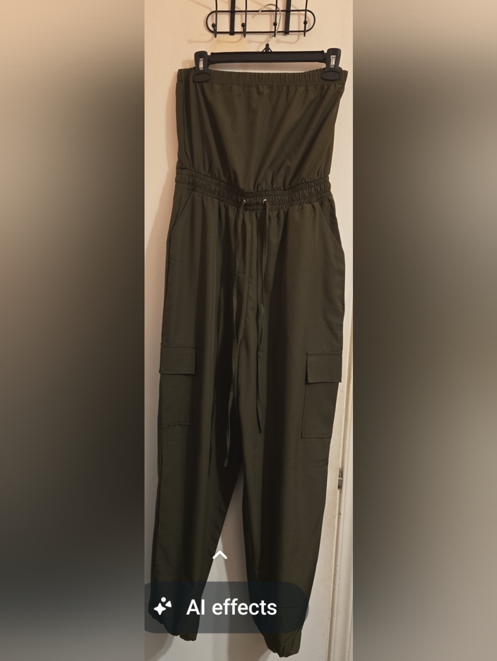 Strapless Olive Cargo Jumpsuit with Elastic Waist